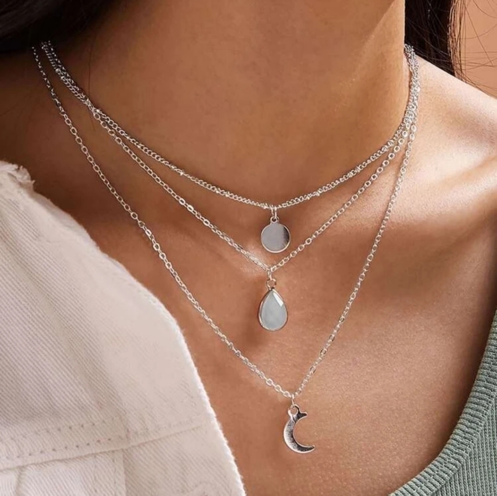 3/$30 silver moon layered drop necklace